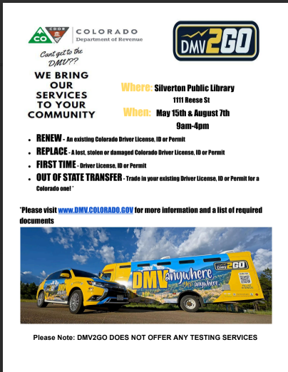 flier for mobile DMV on 8/7 from 9-4pm at the library
