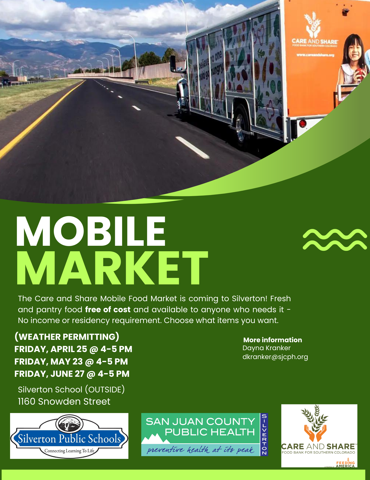 flier for Mobile Market: April 25, May 23, June 27 4-5pm